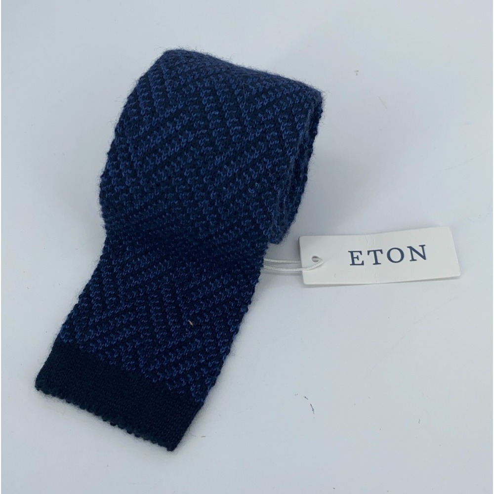 Eton Tie Mens Skinny Slim Knitted Silk Blue Black Pattern Necktie Italy Made NWT